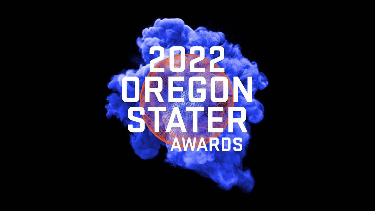 2022 Oregon Stater Awards in white text over a transparent orange circle and blue smoke