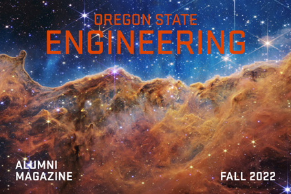 Oregon State Engineering Alumni Magazine Fall 2022 in white text against a blue and orange nebula