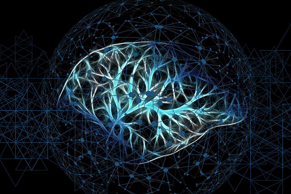 Illustration of nerves inside of a brain inside of a tech graphic