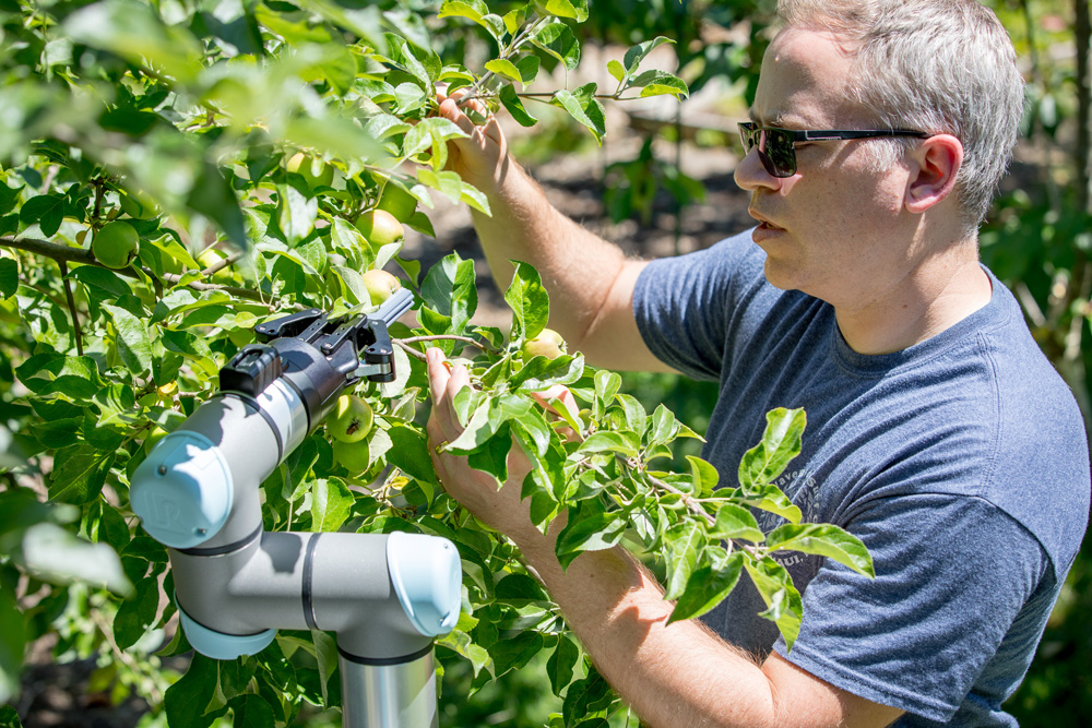 Joe Davidson in an orchard with a bot