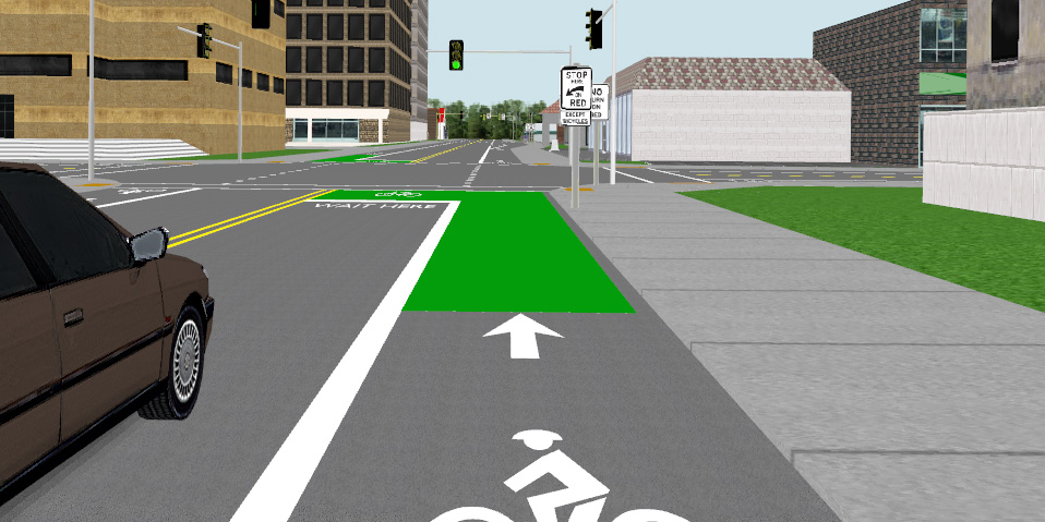 Computer graphic showing a bike lane with green shading