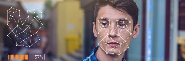 Picture of man's face with analytical dots on it. progress bar indicates 57% completion